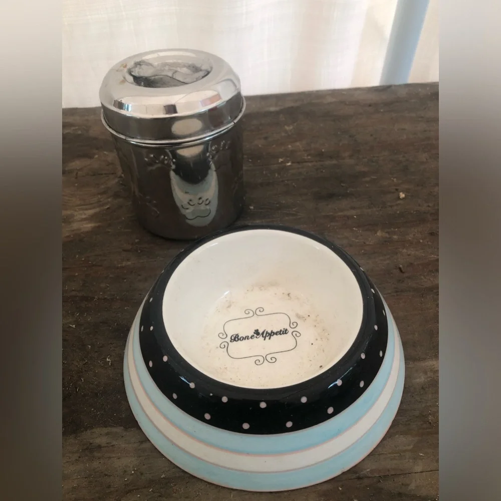 Bon appetite ceramic pet dog dish bowl with stainless paw print treat tin lid